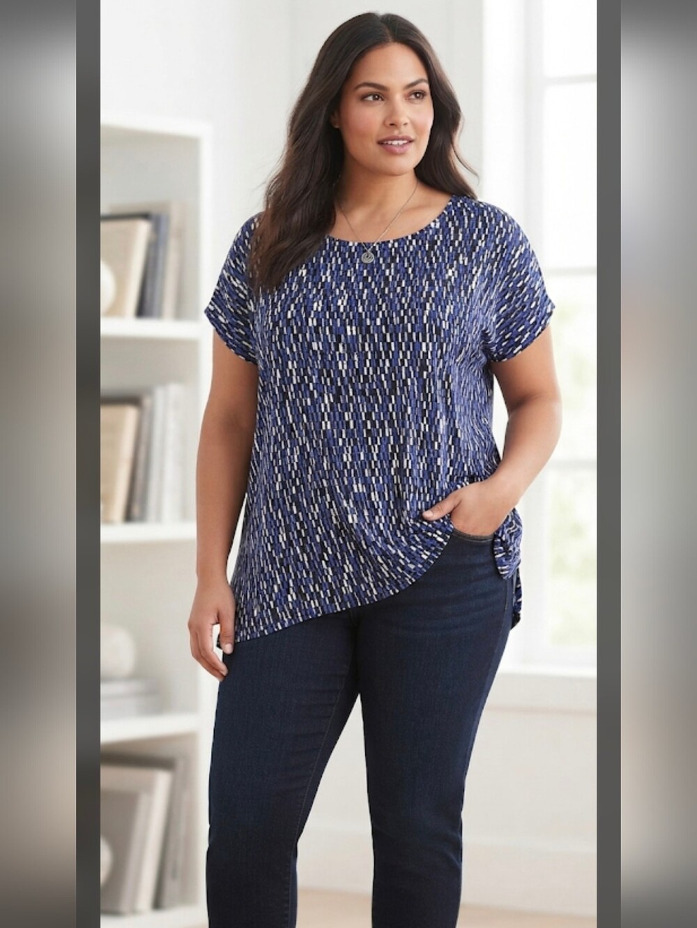Philosophy Woman Blue Black White Geometric Print Short Sleeve Blouse 2X EUC